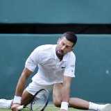 Novak Djokovic à terre, mais vainqueur au final. KEYSTONE/EPA/TOLGA AKMEN